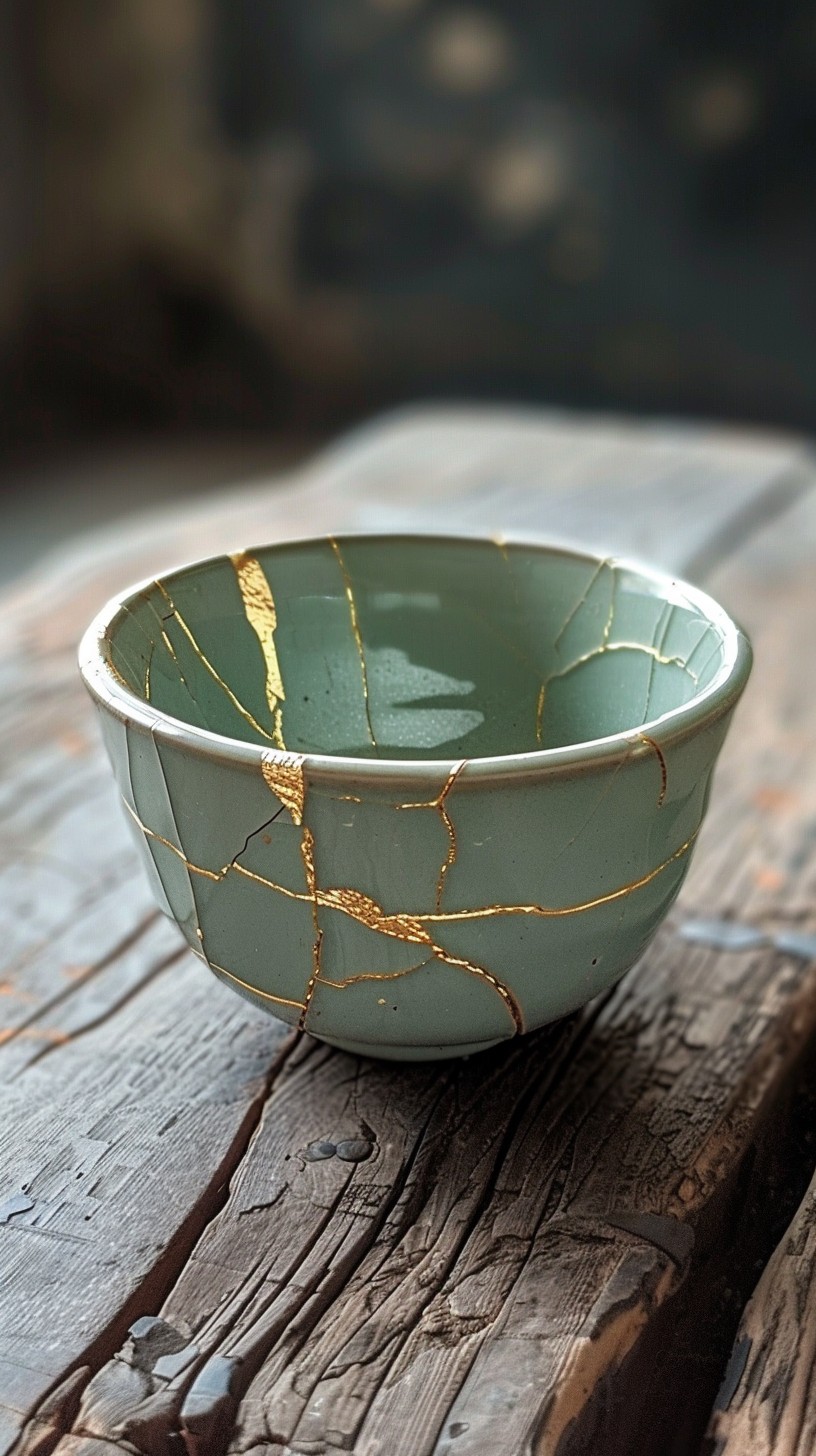 A green ceramic bowl joined with gold kintsugi repairs
